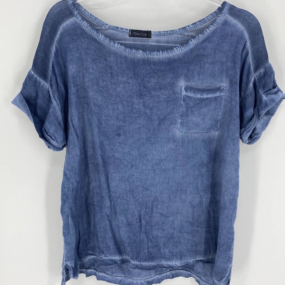 PERLA NERA Shirt Chambray Distressed Look Pull-over Top Women's Small